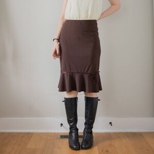 Y2K Brown Peplum Ruffle Slip Stretch 2000s Pencil Preppy Women's Midi Skirt
